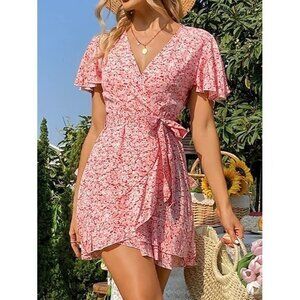 CUPSHE Boho‎ Short Flared Sleeves V Neck Wrap Belted  Floral Print Dress Size M
